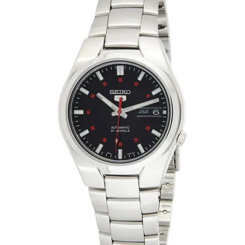 Seiko 5 Automatic Men's Watch - Black Dial Stainless Steel 37mm with 21 Jewels and Date Window