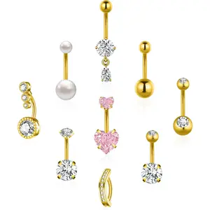 Gold Silver Belly Button Ring Surgical Stainless Steel Belly Rings for Women Pink Heart Clicker Pearl CZ Teardrop Dangle Navel Belly Button Piercing Jewelry