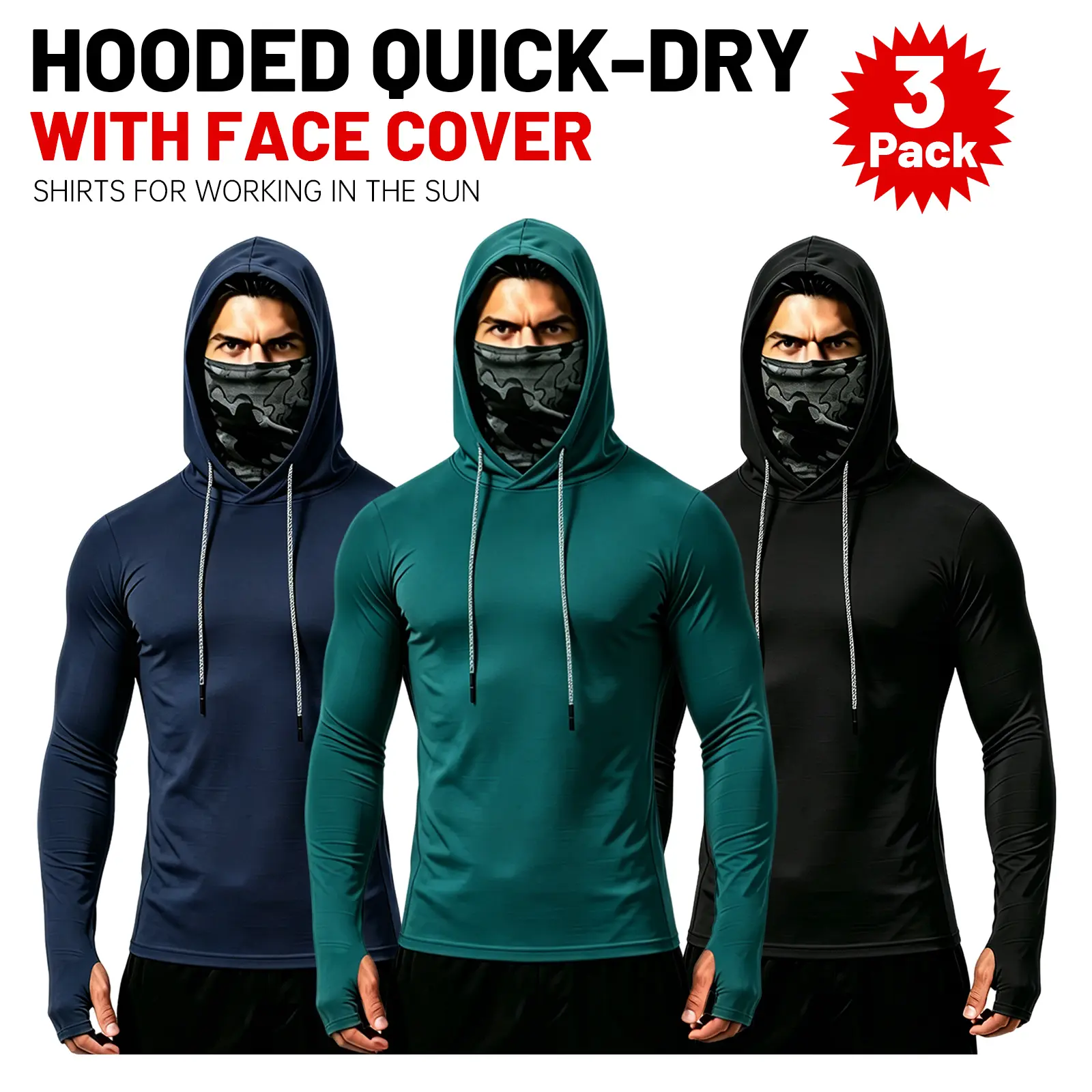 Men's 5-Pack Full Coverage UPF 50+ Hooded Sun Shirts with Built-in Face Mask, Long Sleeve Windproof UV-Protective Dry Fit Activewear Tops for Hiking, Outdoor Work, Quick Dry