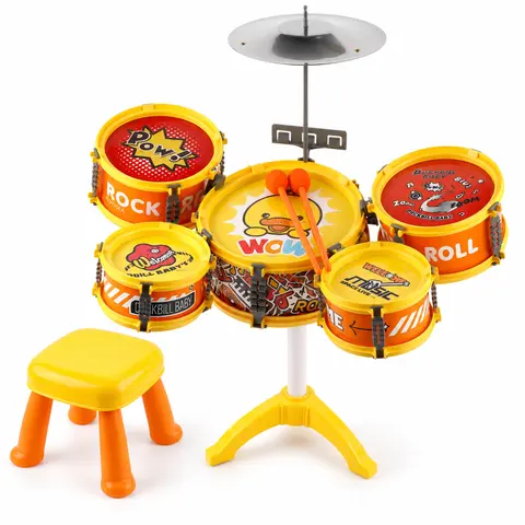 Kids Drum Set with Stool & Cymbal, 5-Drum Jazz Playset with 2 Padded Drumsticks, Colorful Musical Toy for Ages 3+