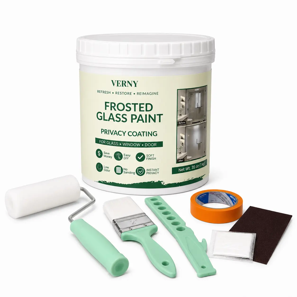 VERNY Frosted Glass Paint for Windows,  Privacy Paint Kit with Tools, Waterproof UV-Resistant Frosted Coating for Bathroom Glass, Kitchen Windows & Sliding Doors
