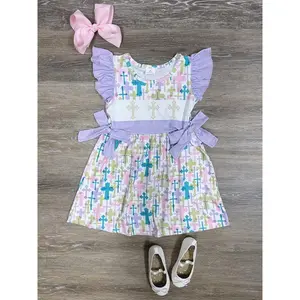 He Lives Girls or Toddler Purple Lavender Pastel Colors Short Sleeve Ruffle & Bow Easter Cross Dress