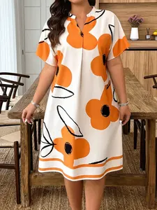 Plus Size Elegant Women's Dress, Summer Vacation Style Random Floral Print Round Neck, Batwing Sleeve Loose Fit Casual Dress, Beach Fashion
