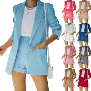 PASLTER Women's 2 Piece Open Front Long Sleeve Blazer and Solid Short Pants Suit Sets M7G069