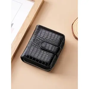 Women's Short Leather Crocodile Pattern Wallet Credit Card Slot Bank Card Wallet Genuine Leather Zipper Coin Bag Business Eli...