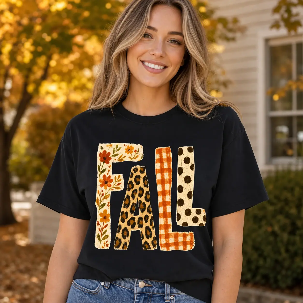 Women’s FALL Patchwork Letter Shirt, Autumn Floral Plaid Gingham Tee, Thanksgiving Pumpkin Patch Outfit and Fall Lover Gift - DPCLICK