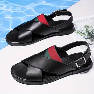 Men'S Plus Size Fashionable Black Sandals with Red & Green Accents - Casual Slip-On Shoes for Outdoor, Beach, and Daily Wear, Rubber Sole, Microfiber Insole, Round Toe Design, Casual Footwear |   Stylish Sandals |   Adjustable Strap Sandals