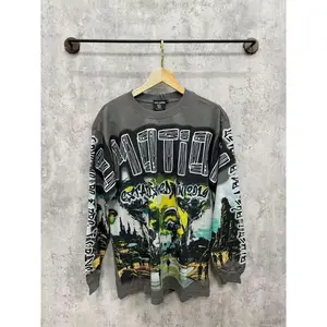 Men’s and women’s street-style graffiti print mixed sports T-shirt; crewneck patchwork cotton T-shirt; oversized men’s hooded sweatshirt