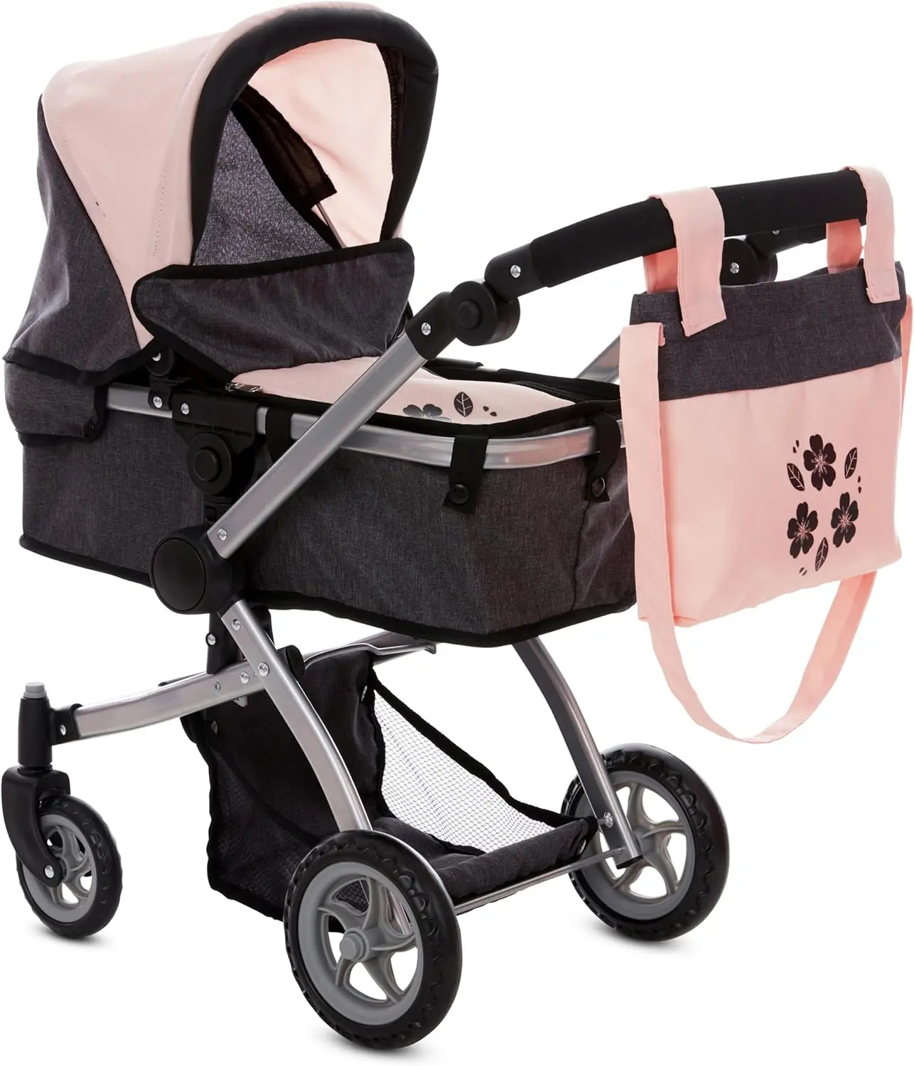 Dolls To Play Baby Doll Convertible Pram Stroller for Kids – Adjustable Handle Foldable Doll Buggy with Canopy, Storage Basket & Diaper Bag – Pink & Black Pretend Play Stroller for Girls Ages 3+