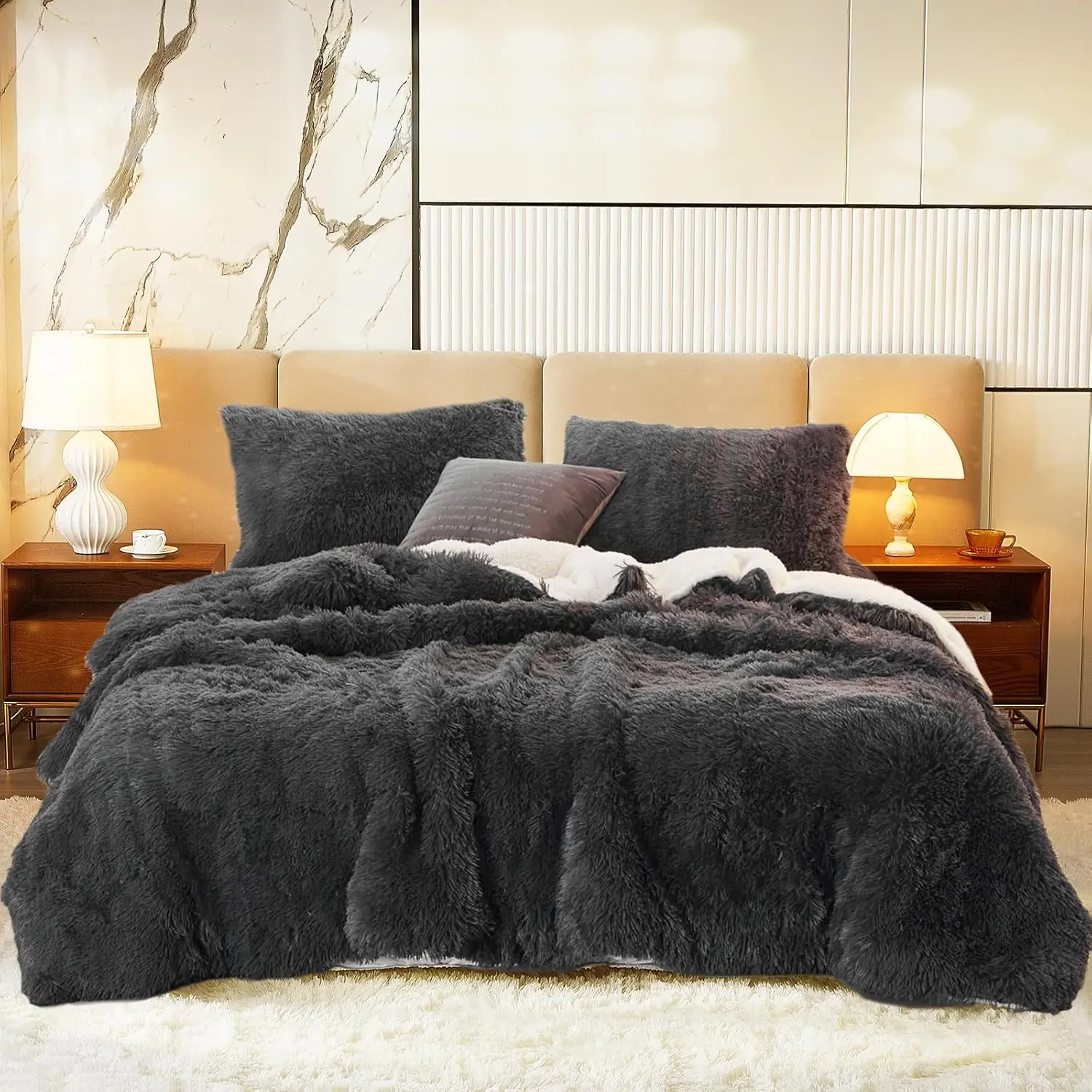 Luxury Faux  Shaggy Comforter Set  Size, Plush & Sherpa Reversible Comforter Black, 3 count  Fuzzy Bedding Set Ultra Soft and Warm for Winter (1 Comforter + 2 Pillowcases)