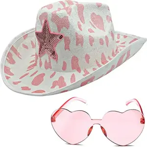 4E's Novelty Pink Cow Print Cowboy Hat with Heart Sunglasses for Cowgirl Hats for Women – Fun & Flirty Western Fashion