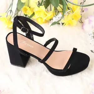Lady high heel open toe ankle strap round toe block heel thin strap around the foot