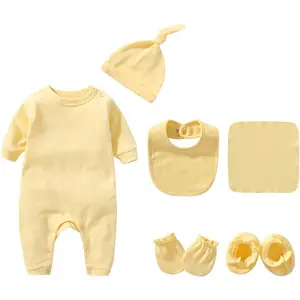 Z-CPB49   Infant Romper+Burp Cloth+Bib+Mittens+Shoes+Cap Set Breathable Healthy Fabric Tops for Baby