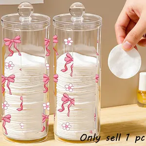 Bow Flower Pattern Transparent Cotton Pad Box, Cylindrical Large Capacity Storage, Washable & Easy to Clean, Ideal for Beauty Tools