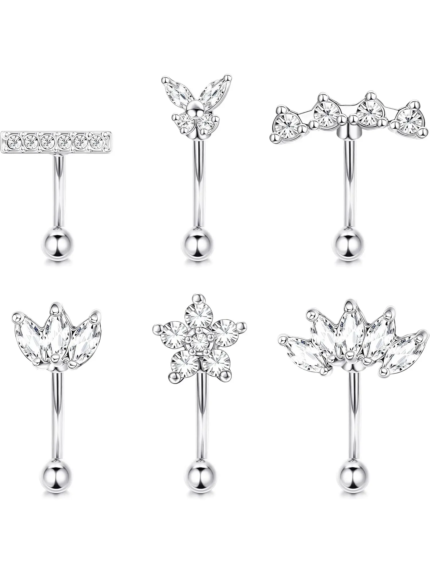 6Pcs 16G Rook Daith Earrings for Women Stainless Steel Rhinestone Belly Ring Belly Button Bars Bellybar Lip Ring Cartilage Tragus CZ Piercing Jewelry Body Jewellery Body Piercing Curved Barbell Eyebrow Rings 6-8mm