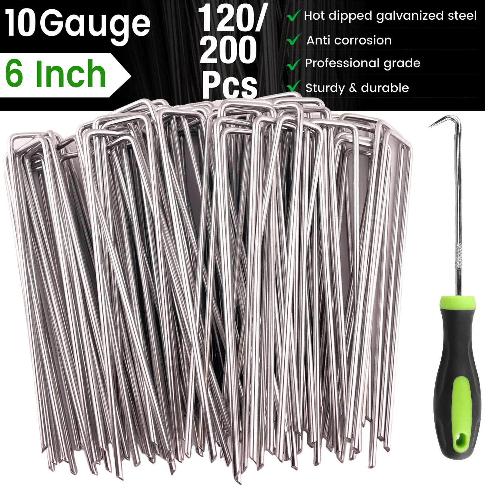WOEDEN 6 inch Galvanized 10 Gauge U-Shaped Landscape Staples - Durable Support for Weed Control, Drip Irrigation, Holiday Decorations (120/200 Pcs) Garden Plant Supplies Stakes