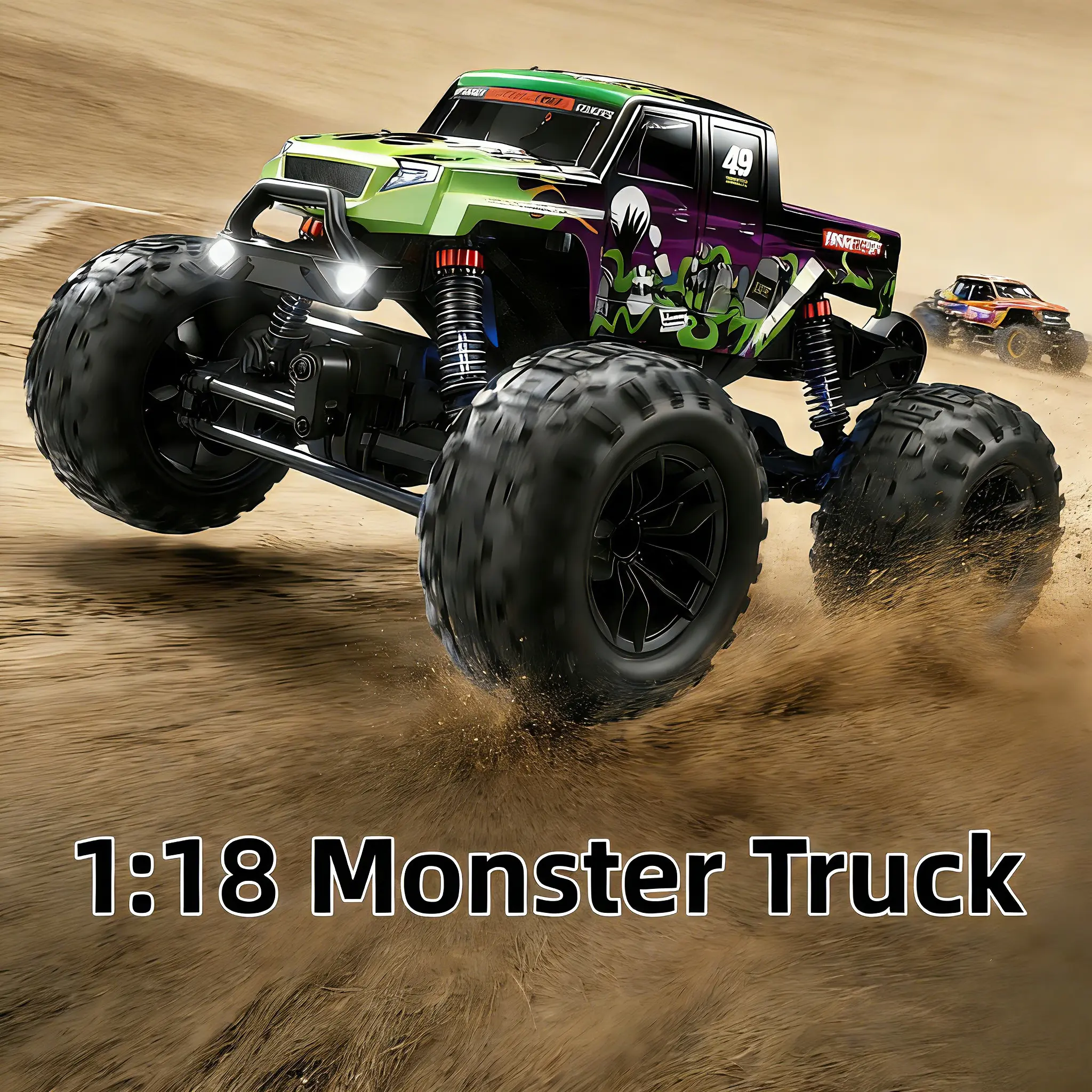 1:18 4WD High-Speed RC Monster Truck, High-Torque Rechargeable Remote Control Toy Vehicle with Dual Motors, Proportional Throttle, LED Lights & All-Terrain Drifting