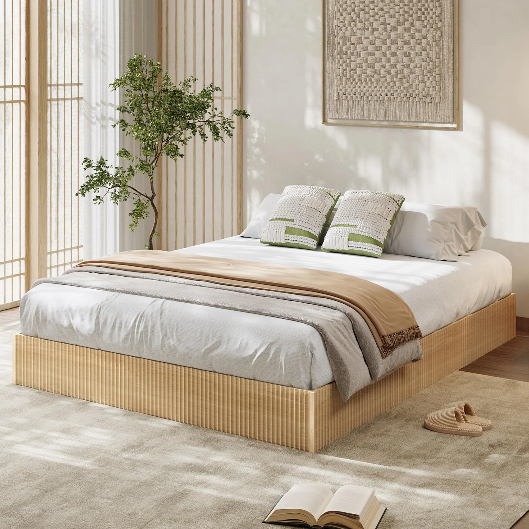 Gaomon Full Size Wood Bed Frame, Low-Profile Minimalist Bed Base with Fluted Design, Noise-Free Construction, Easy Assembly, No Box Spring Required, Natural Finish, Bed Frame Full Bed