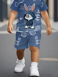 Boys' Summer Space Rabbit Print Set, Cute Cartoon Design, Fitted Casual Suit, All over Print, No Button, No Collar, No Zipper