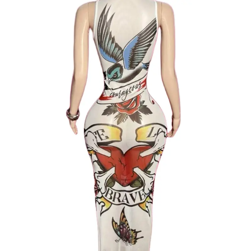 Slaydiva 2025 New Summer Casual Street Retro Baroque Y2K Hot Girl Style Sexy Perspective Round Neck Vest Long Skirt Slim Hip Skirt White Bottom Love Slogan Logo Bird Rose Print Pattern Ladies Long Dress-A Y2K Dress Long Bodycon Dress