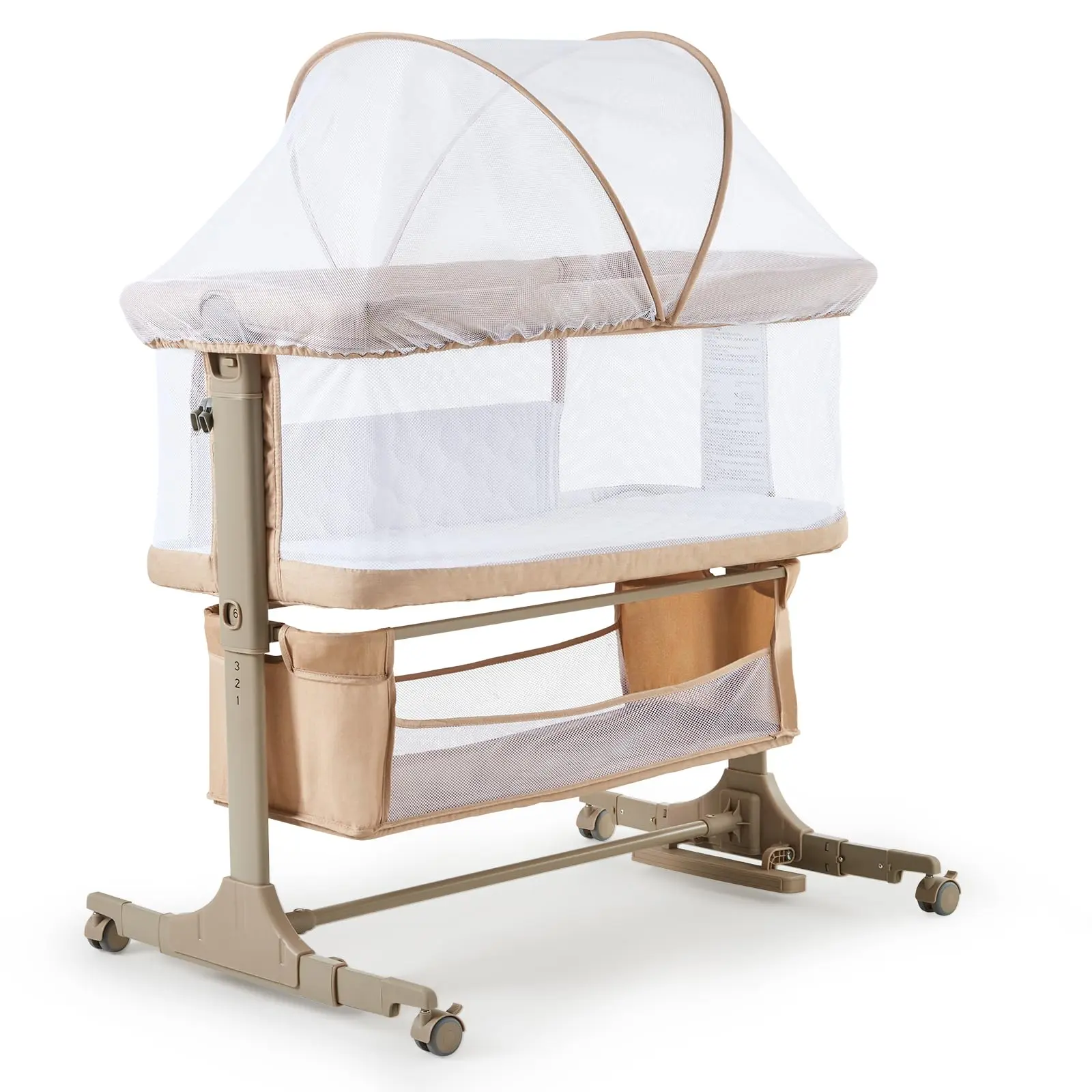 3-in-1 Portable Newborn Bassinet Bedside Sleeper - Mesh Detachable Mosquito Net, Storage Basket, Adjustable Height, Wheels, Convertible Cribs, Multi-Functional Indoor Furniture Bassinet for Baby