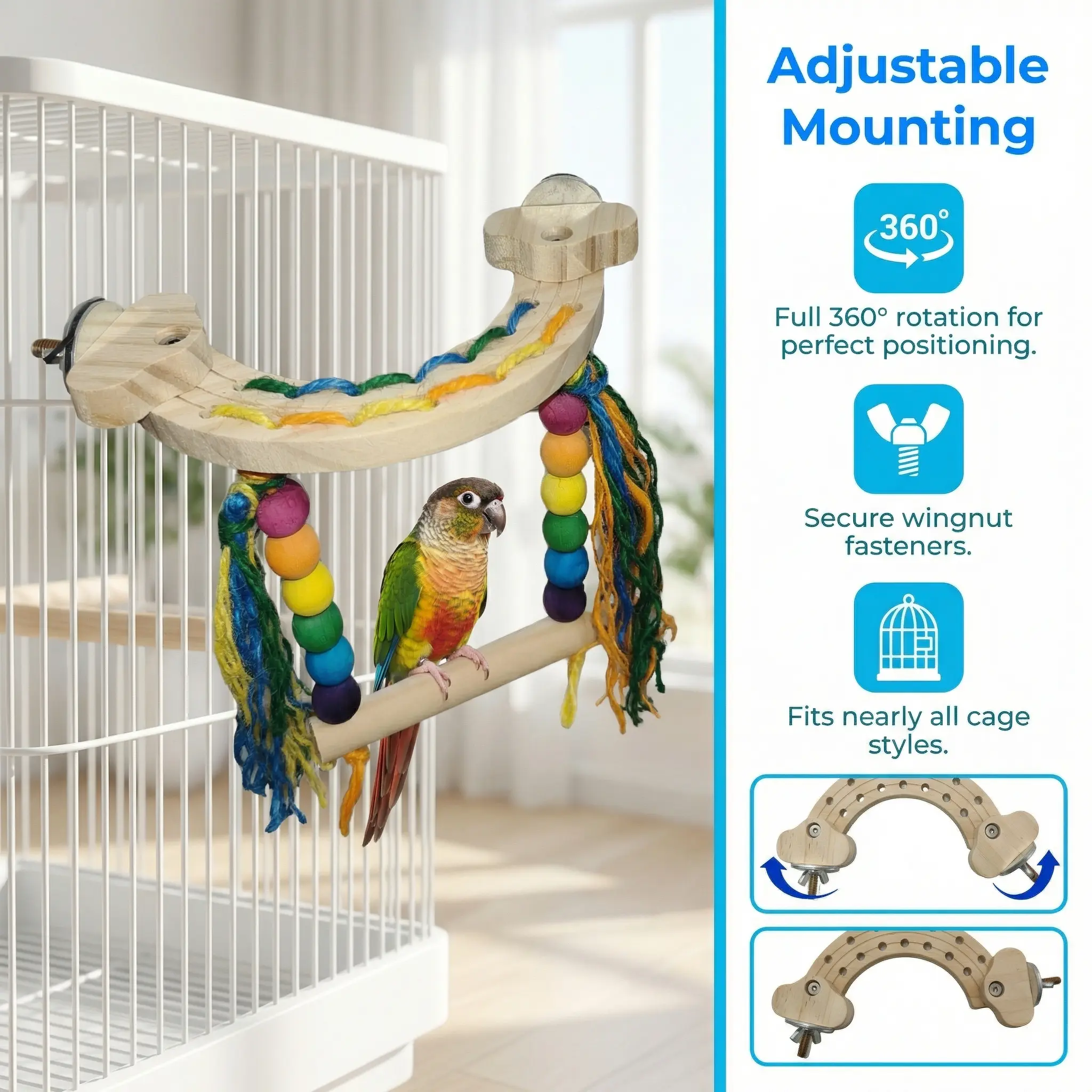 DIY Rainbow Pine Wood Bird Stand Perch & Swing - 360° Adjustable Angle Toy with Food-Grade Dyed Beads, Build-Your-Own Gym for Conures, Parakeet Accessories with Bird Enrichment & Play, Bird Play