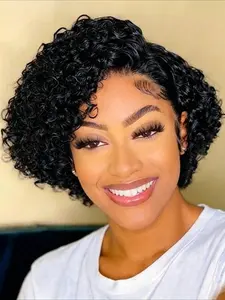 Curly Wave Human Hair Wig for Women Pixie Cut Wig 13x1 T Part Transparent Lace Front Human Hair Wig 150% Density 6 Inch