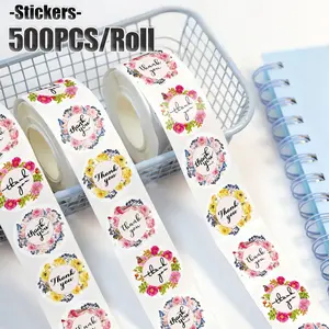 Rose Floral Thank You Stickers Roll, 500 Pieces, Dessert Cake Baking Sealing Labels, Wedding Party Packaging Seal Tags, Self Adhesive Stickers