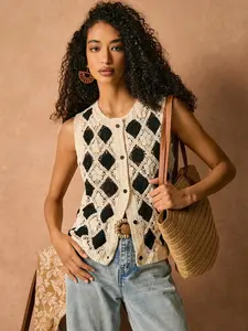 Women's Diamond Pattern Knit Sleeveless Top, Round Neck Vest Cardigan, Elegant Daily Commute, Bohemian Style, Casual Fashion