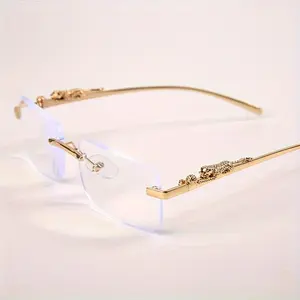 1Pc Men'S Fashion Retro Metal Frame Leopard Head Rimless Glasses -, Stylish, Comfortable For Street Shooting.