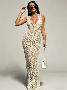 Women's Solid Color V-Neck Hollow Out Design Long Backless Sleeveless Crochet Swimwear, Perfect for Beach and Pool Wear, Beach Cover Ups, Crochet Swimsuit Cover