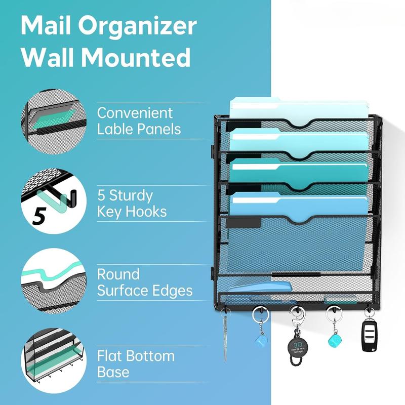 F-SBB52  Wall File Organizer with 5 Hooks 5 Tier Hanging File Organizer, Vertical Wall Mount Mail Organizer for Papers, Folders, Magazines, Bills, Office&School Organization, Black