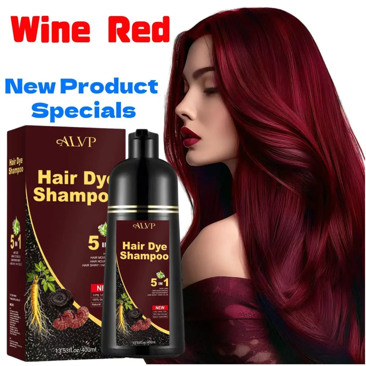 Vegan Hair Dye Shampoo, 5-in-1 Wine Red Color for Silver Hair, with Ginseng for Women & Men, Long-Lasting & Nourishing, Great Value 17.6 Fl Oz, Grey Hair Coverage