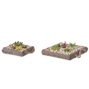 Vintiquewise QI004169.2 Indoor and Outdoor Set of 2 Brown Vintage Bark Square Wooden Mini Flowerpot Planter