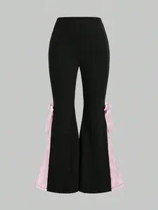 Women’s Kawaii Pink Flare Pants – Himekaji Lace Bow Tie Wide Leg Trousers