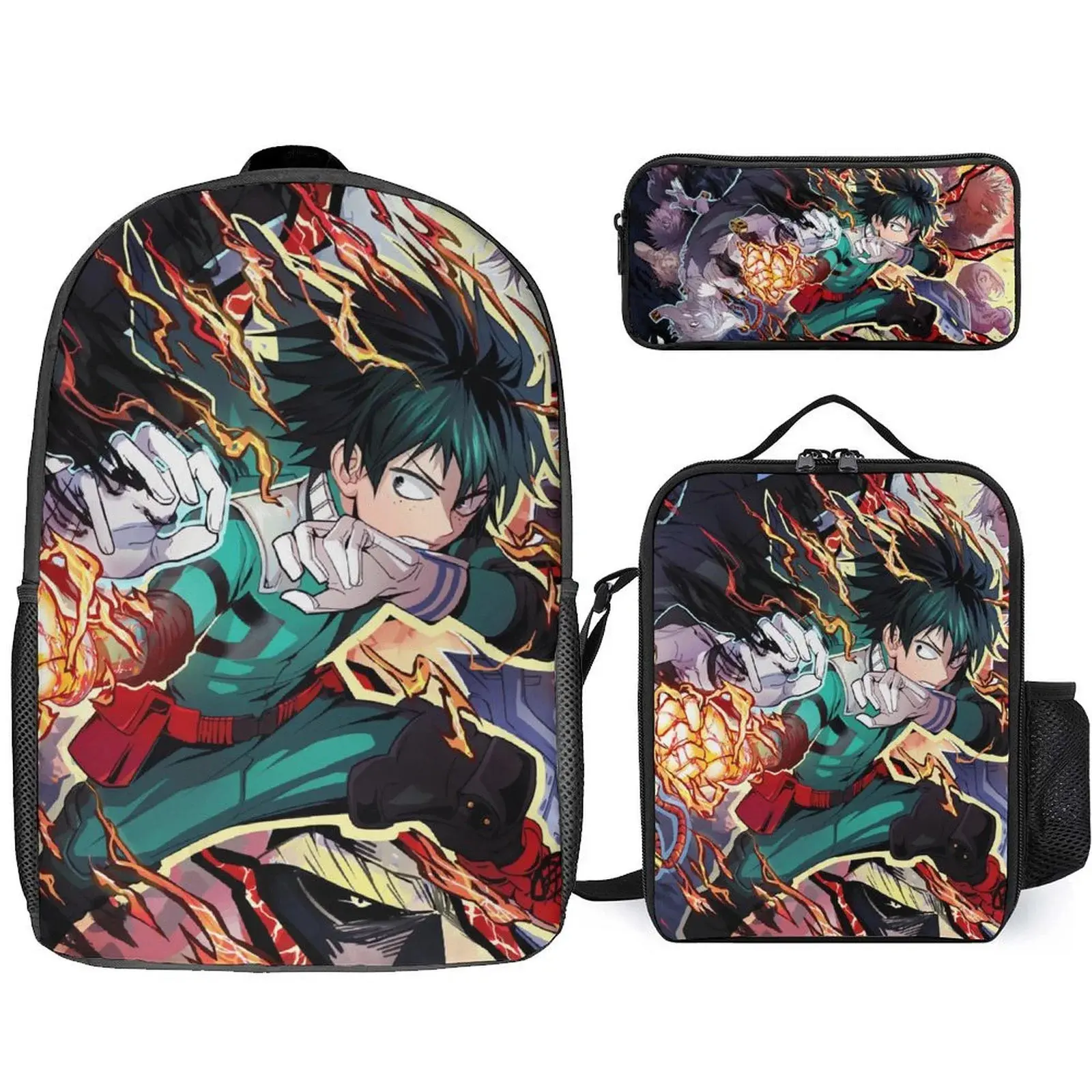 Hero-Academia Izuku Midoriya 3 Piece Backpack Set with Lunch Bag Pencil Case , High Capacity Bookbag with Lunch Box Pen Box Workplace Travel