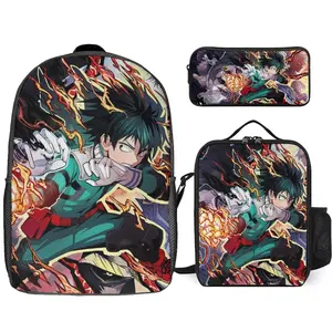 Hero-Academia Izuku Midoriya 3 Piece Backpack Set with Lunch Bag Pencil Case , High Capacity Bookbag with Lunch Box Pen Box Workplace Travel
