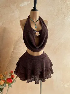 Women’s Sunset Ombre 2-Piece Set – Plunging Neck Blouse & Ruffle Mini Skirt, Boho Vacation Outfit