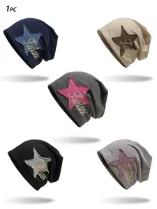 American Street Star Embroidered Beanie Fitted Hat, Unisex Autumn Winter Hip Hop Pile Cap, Sweet Cool Vintage Cold Hat for Men Women
