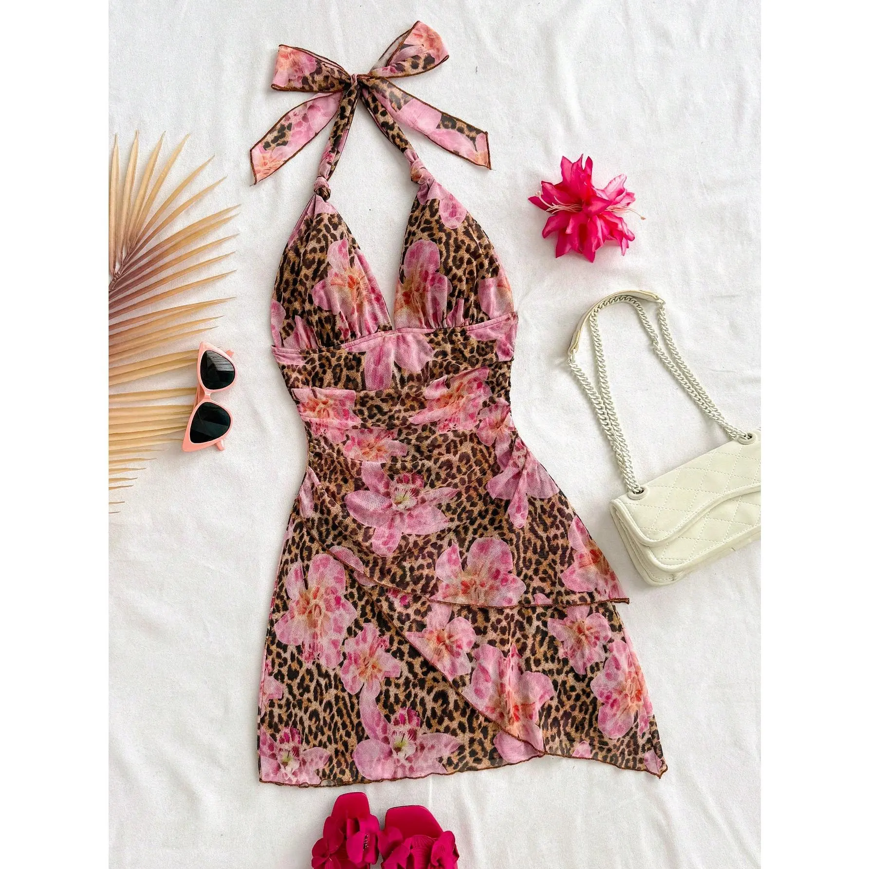 Women's Y2K Dress Summer Tie Dye Print Mini Dress Retro Backless Halter Dress Club Party Dresses