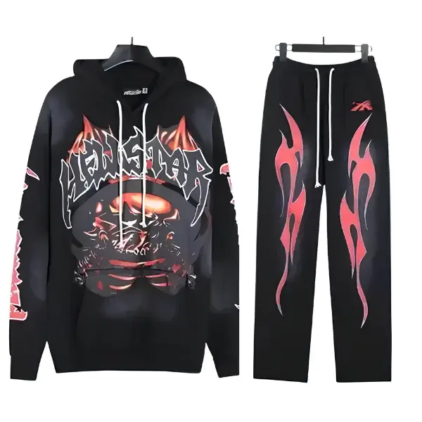 Men's 2-Piece Hellstar Future Flame Grey Tracksuit Set - Unisex Y2K Graphic Streetwear, Casual Urban Sports & Outdoor Outfit (Hoodie & Sweatpants)