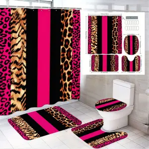 1/4pcs Bold Animal Print Bathroom Decor Set - Glamorous Hot Pink Leopard Stripe Shower Curtain, Shower Essentials, Matching Bath Mats & Toilet Accessories - Trendy Maximalist Design for a Chic Space - Perfect for Festive Home Refresh