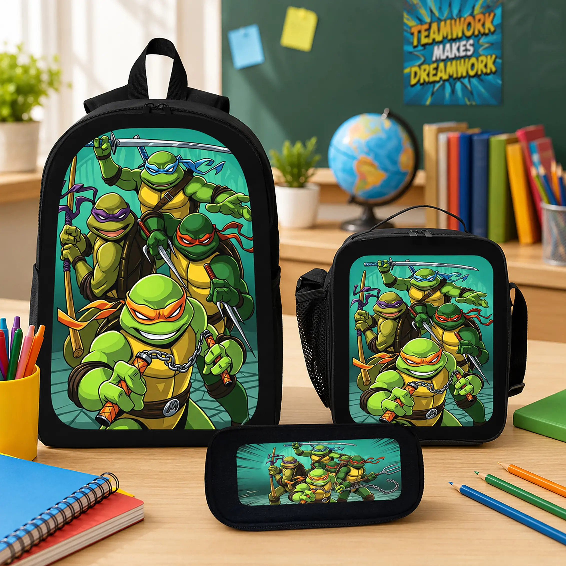 Teenage Mutant Ninja Turtles Backpack Set Durable Polyester 3 Piece School Backpack Lunch Bag Pencil Case Large Capacity Lightweight Bookbag For School Travel Back To School Boys Girls Kids Teens Students Cartoon Fans Birthday Gift