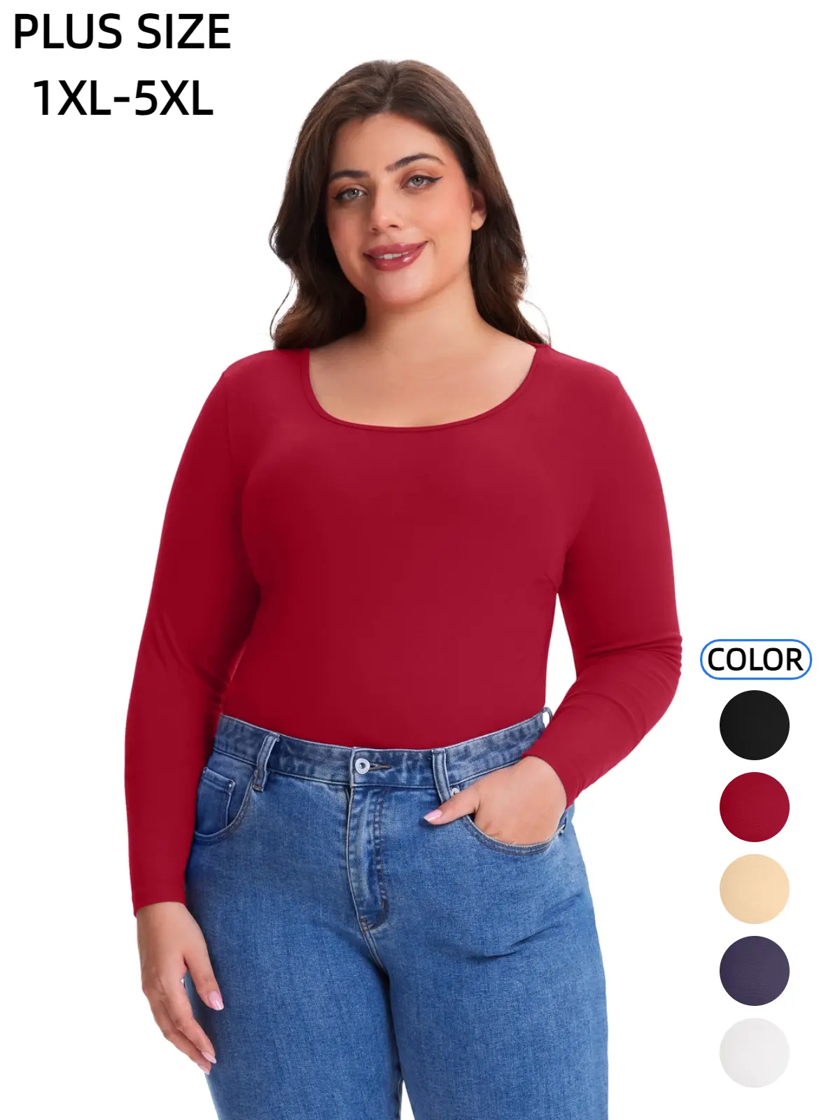 COOTRY Women's Plus Size Fitted Scoop Neck Long-Sleeve Top, Minimal Basic Blouse, Versatile For Fall Winter Casual Everyday Occasions, 1XL-5XL