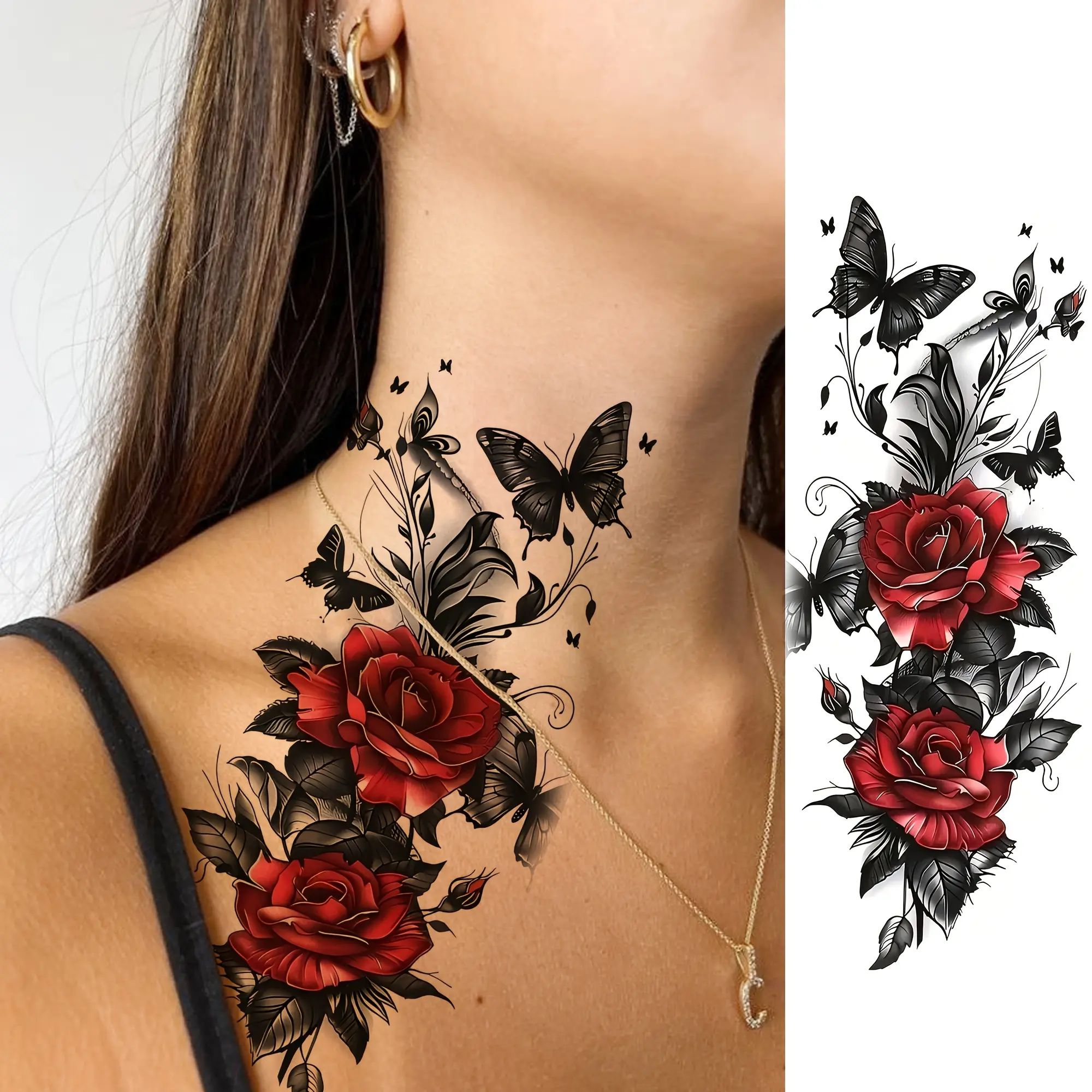 (6 Temporary Stickers with 3 Items & 3 Random Designs) Rose Butterfly Temporary Tattoos for Women Men Hands Finger Foot Neck Waist Legs Thigh Forearm Shank Half Sleeve Arm, Temp Fake Tattoo Stickers Waterproof Long Lasting Realistic Tatoos tiktokshopsprin