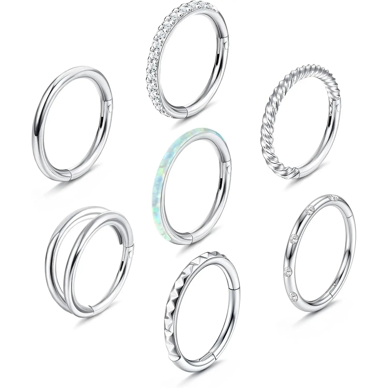 YADOCA 7Pcs Surgical Steel Nose Rings Set - 18G/16G Opal CZ Clicker Hinged Segment Hoops for Women - 8mm/10mm Anti-Rust Fade Resistant Body Piercings Jewelry for Septum, Lip, Casual Daily Wear, Septum Pierced Ring