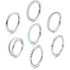 YADOCA 7Pcs 18G 16G Surgical Steel Nose Rings Hoops for Women Men Opal CZ Clicker Hinged Segment Septum Lip Hoop Nose Rings Helix Cartilage Conch Daith Rook Earrings Piercing Jewelry 8mm 10mm