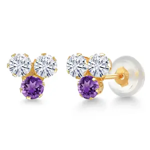 Gem Stone King 14K Yellow Gold White Moissanite and Gemstone Birthstone Trio 3-Stone Stud Earrings for Women | 3MM Round | Fine Jewelry for Her Mom Women Wife
