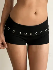 Street Casual Metal Hole Hollow Out Fold Waistband Plain Low-Waisted Shorts, Sexy Slim-Fitting Clothing for Women