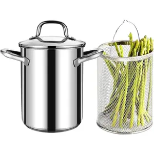 Stainless Steel 4L Asparagus Steamer Pasta Pot with Strainer, Pasta Cooker for Spaghetti, Deep Fry Pan for French Fries
